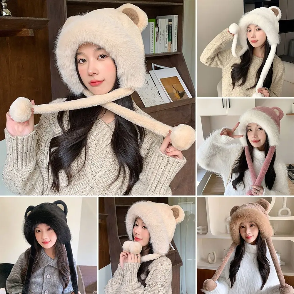 

Cold-proof Faux Fur Beanies Hat Cold Protection Winter Warm Thicken Furry Caps Cat Ear Knitted Cap Women Accessories