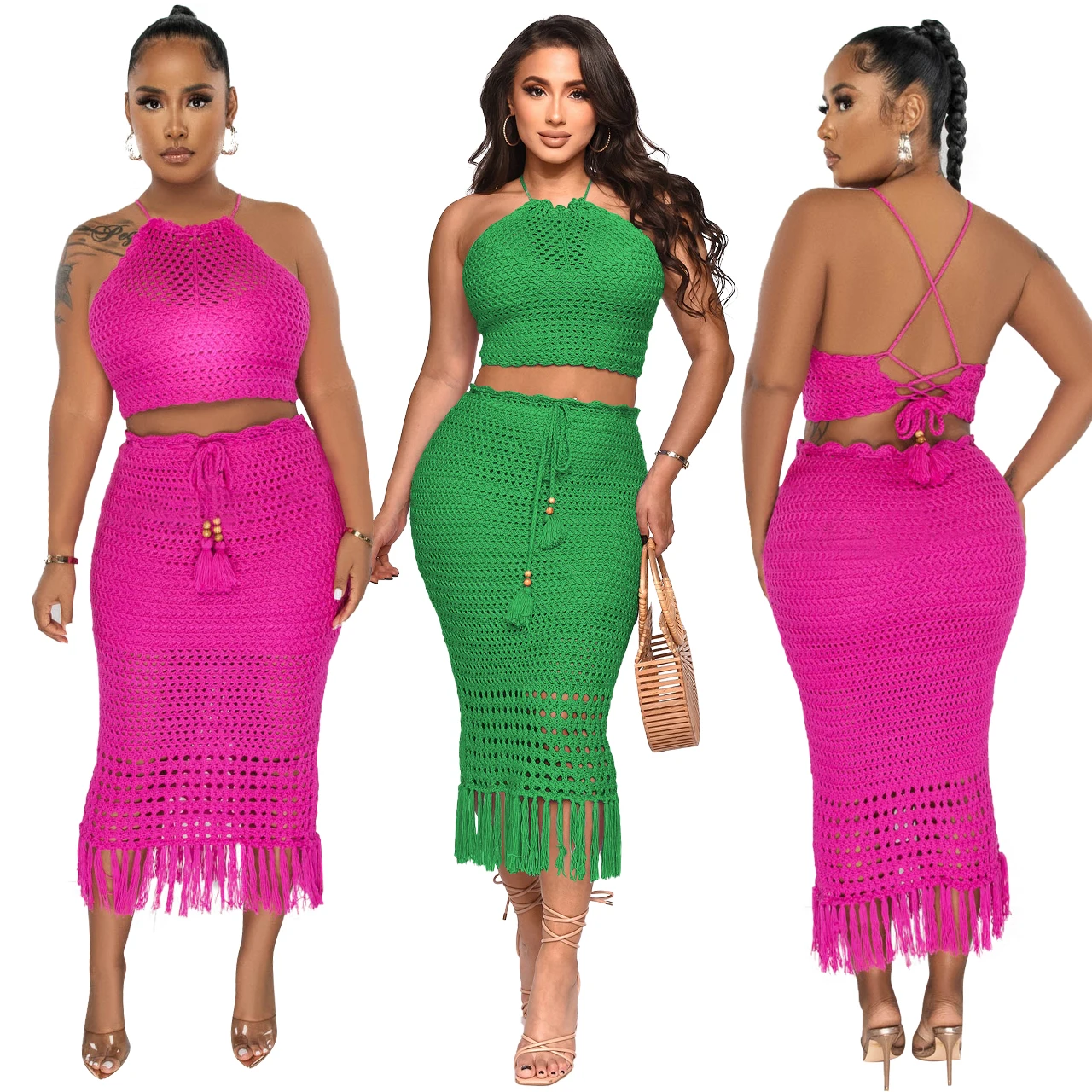

Summer Holidays Knitting Women Two Pieces Set Fashion Tassels Bodycon Skirt Halter Neck Lace-up Backless Hollow Out Club Outfits