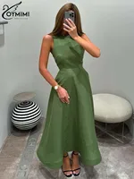 Oymimi Elegant Green Cotton Women's Dress Fashion O-Neck Sleeveless Dresses Casual New High Waist A-Line Mid-Calf Dresses Female - Image 2