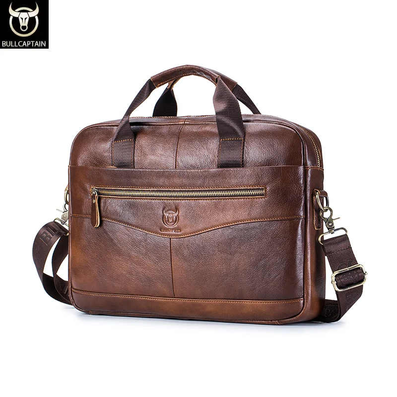 BULLCAPTAIN Briefcase Shoulder Messenger Bags Men's Genuine Leather 14-inch Laptop Bag Men's Briefcase Office Business Handbag Laptop Bag Leather Briefcase
