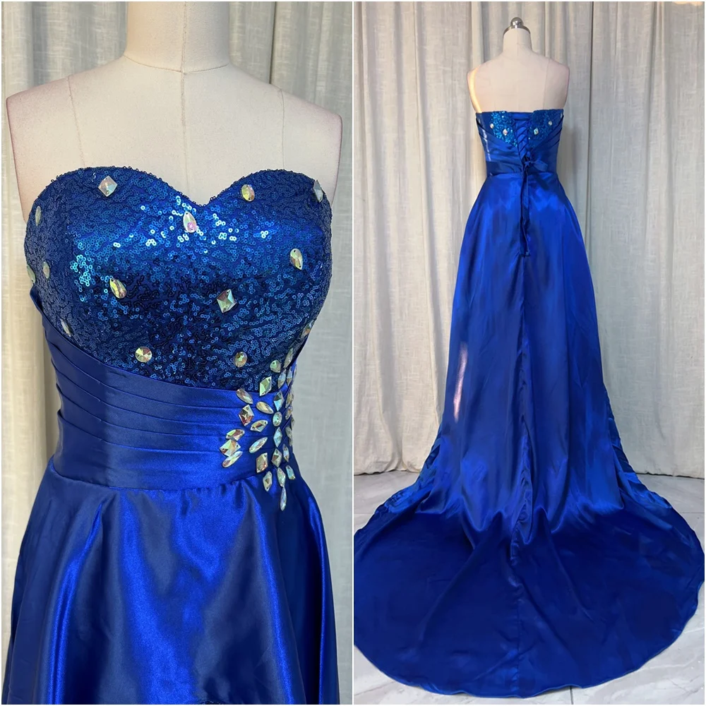 

QSYYE Royal Blue Satin Long Prom Dresses Off Shoulder Crystal Bead Bodice Evening Gown Empire High-low Big Train Party Gown