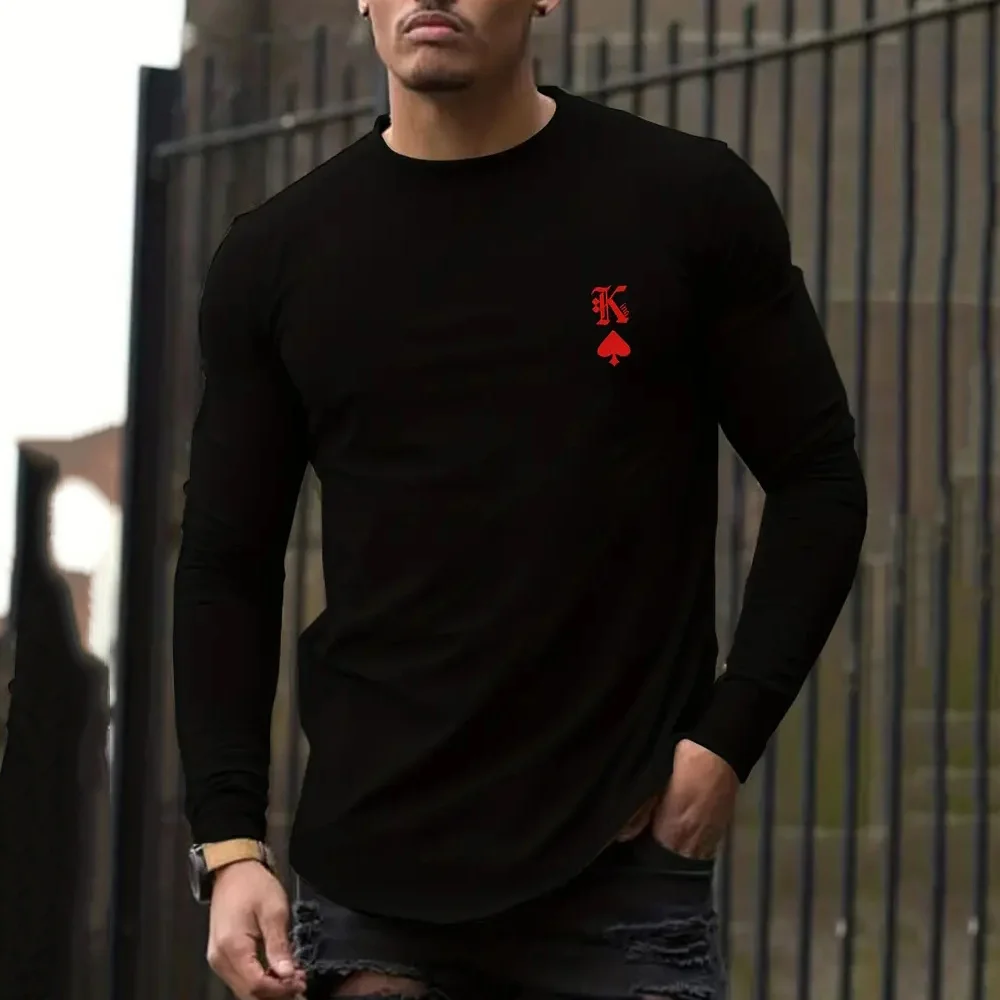 

Men's Long Sleeve Autumn Cotton Stripes Pullover 3D Poker Printed Vinatge Tops Fashion Street Hip Hop Tees Shirt Men Clothing