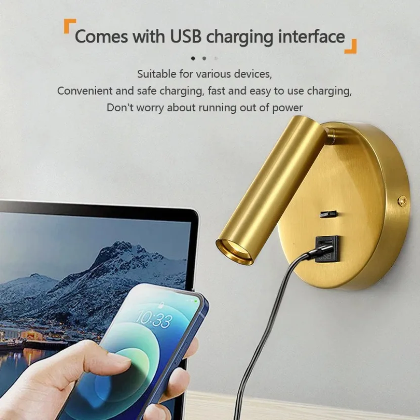 Modern LED Wall Lamp Folding 350 Degree Rotating Wall Lamp with USB Charging Interface Hotel Bedroom Bedside Study Reading Light
