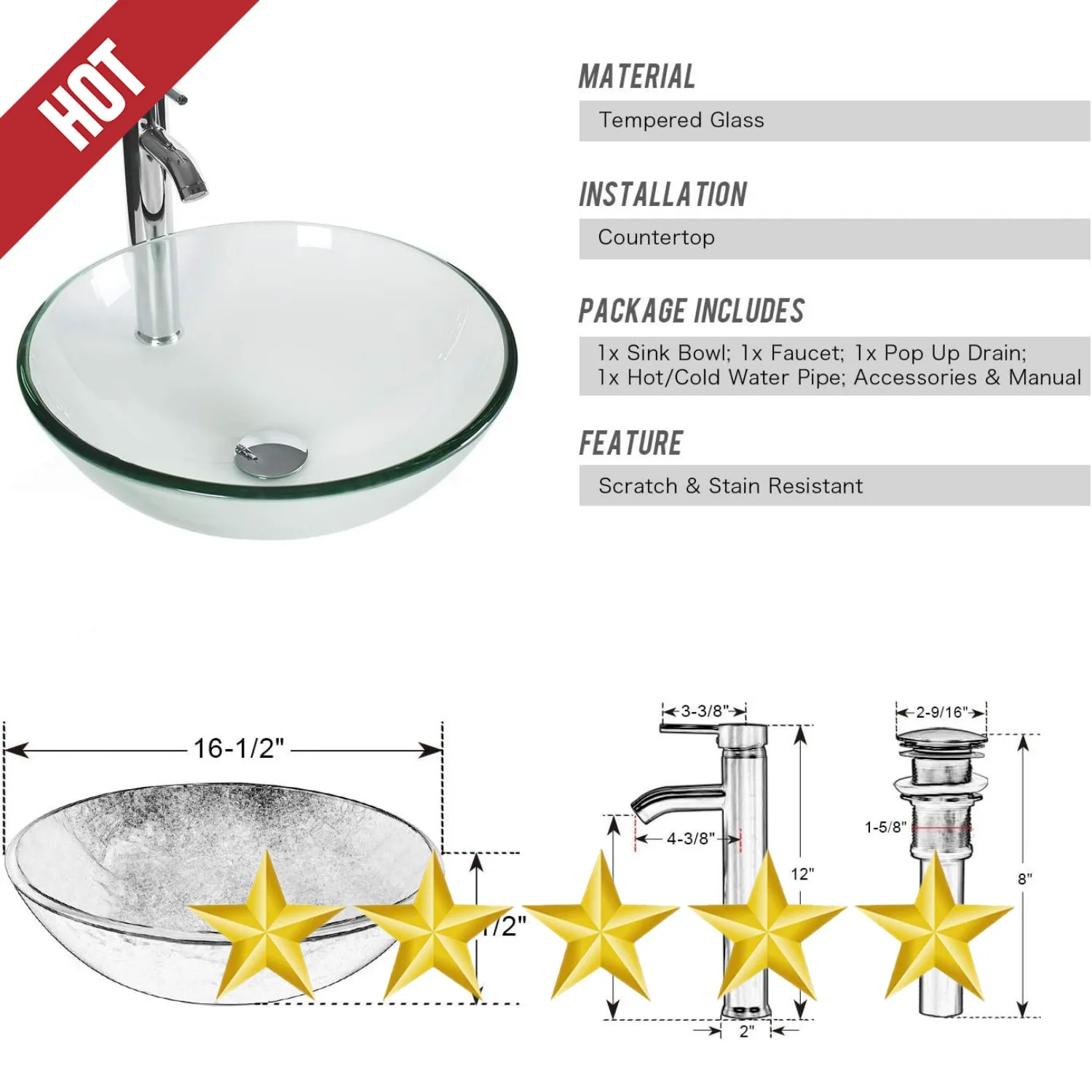 16.5" Bathroom Vessel Sink Clear Round Tempered Glass Basin Countertop Bowl Sink , W/Chrome Faucet Pop Up Drain 3