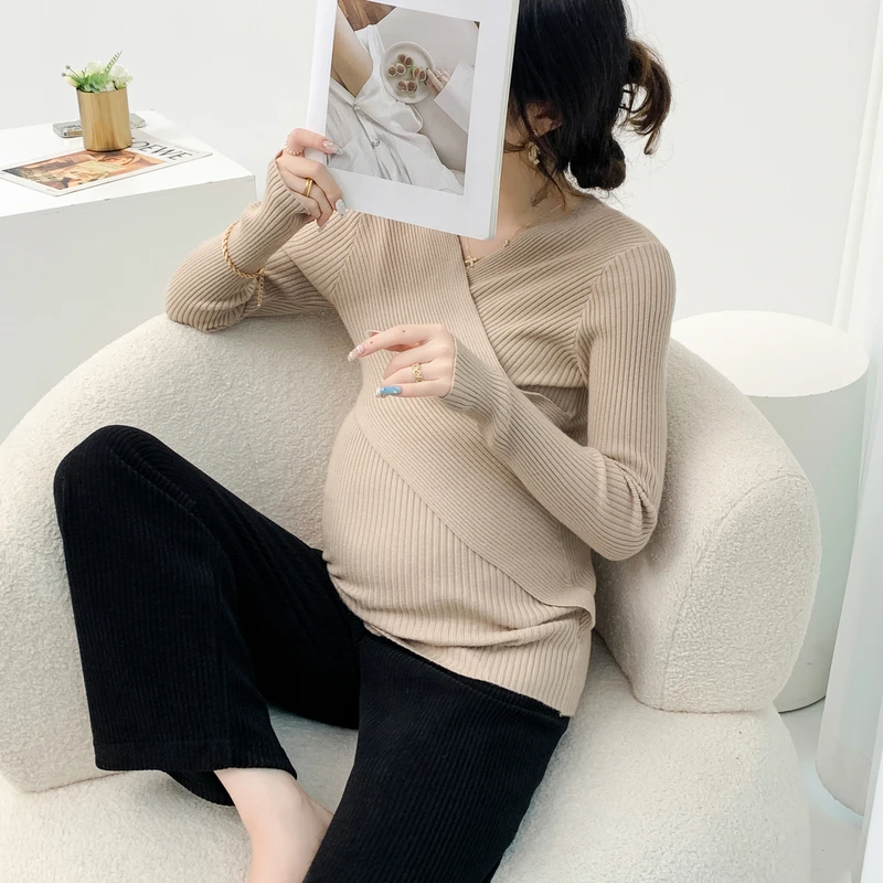 0625# Autumn Across V Neck Maternity Nursing Sweaters Shirts A Line Hot Breastfeeding Tops Clothes for Pregnant Women Pregnancy