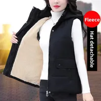Women's Fleece Lined Thickened down Cotton Vest Loose Fit Autumn Winter Warm Shoulder Pad Jacket Hooded Solid Color Casual Outer