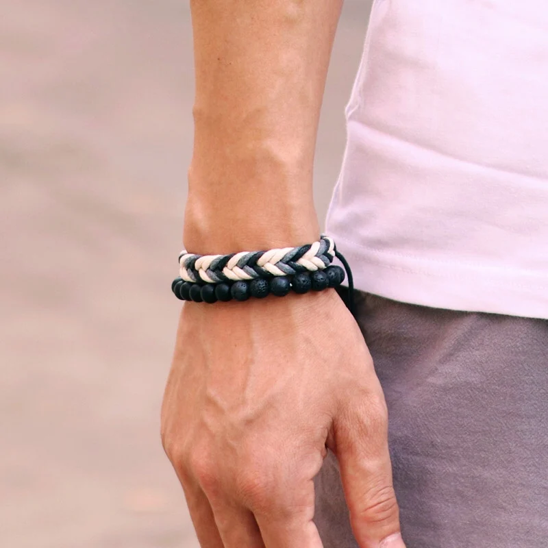 Men Adjustable Cord Chain Lava Tiger Eyes Stone Bracelet