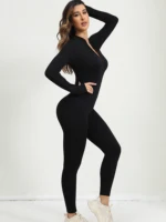 Women Rompers Ribbed long Sleeve Zip Front Stretch Tummy Control Yoga Workout Rompers - Image 6