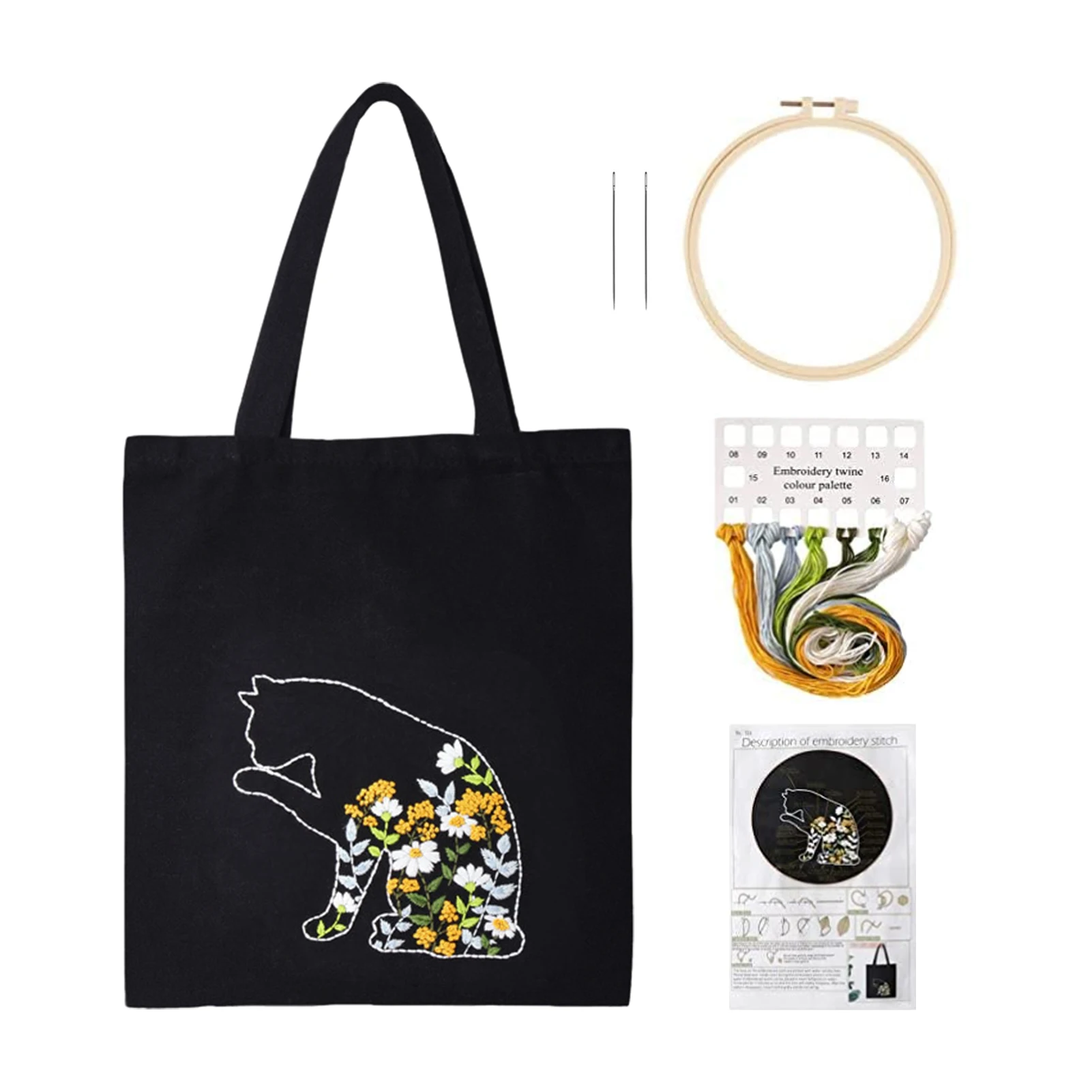 

Набор для вышивки крестиком с изображением кошки, «сделай сам», холщовая сумка-шоппер, игла для начинающих, инструкции для ручного шитья, Круглый обруч