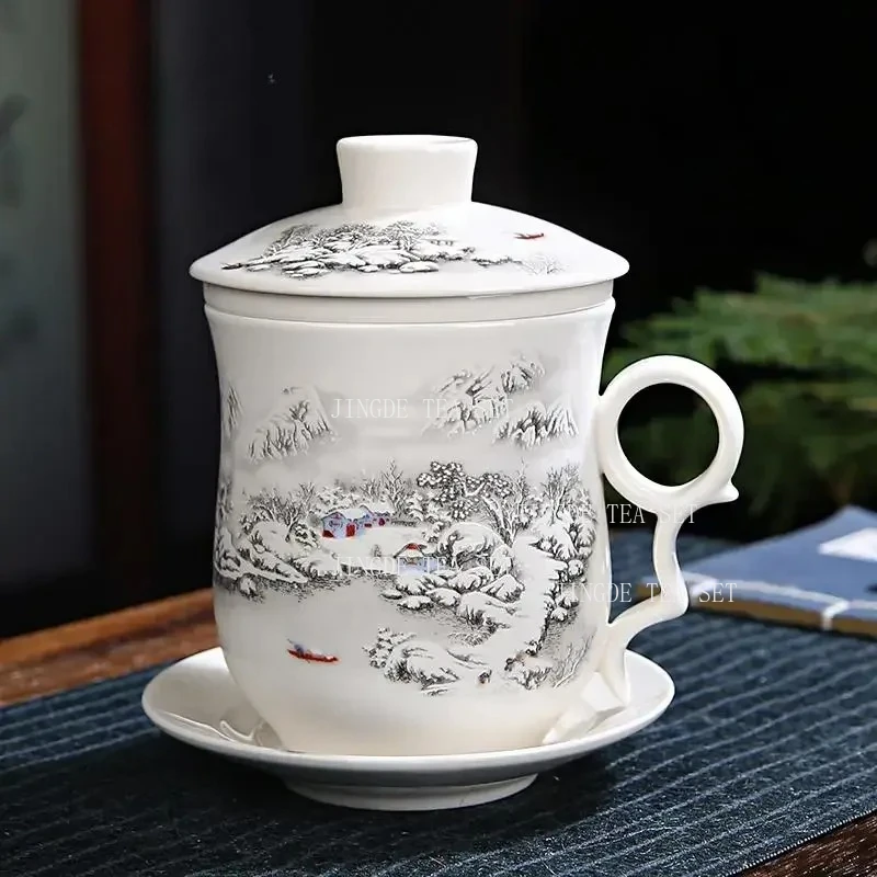 4-piece Tea Cup Set Personal Tea Cup Ceramic Inner Filter with Lid Water Cup Blue and White Porcelain Office Conference Cups