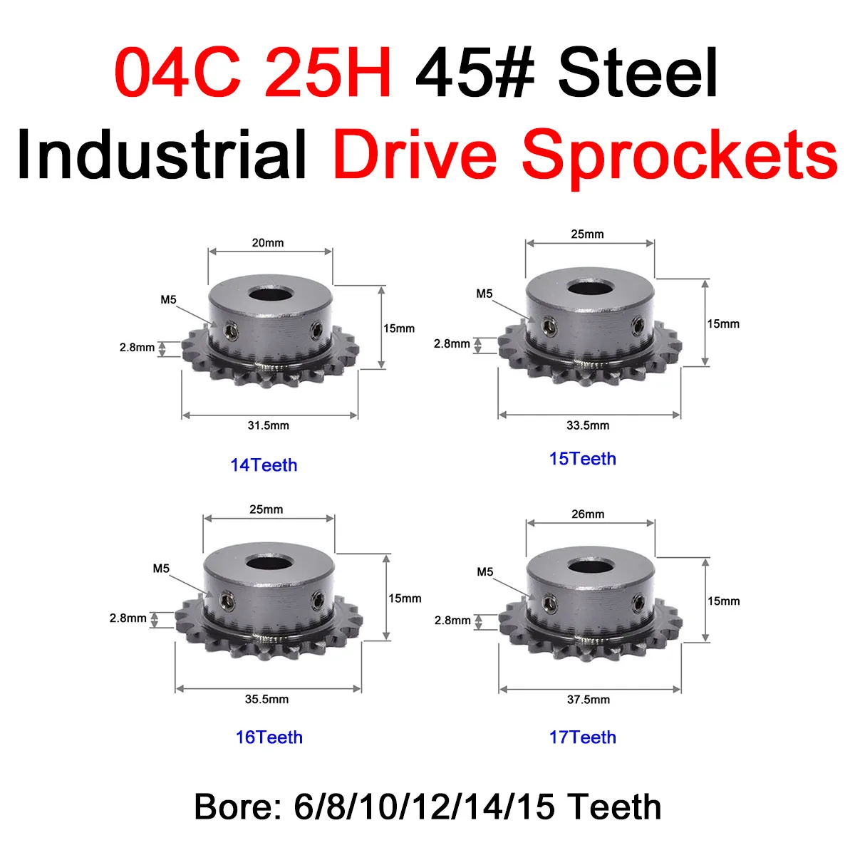 1 Pz 04C 25H 14/15/16/17 Denti Catena Ingranaggio Industriale Pignone Ruota Alesaggio 6/8/10/12/14/15Mm Per 25H Catena 45 # Acciaio 2 Punti