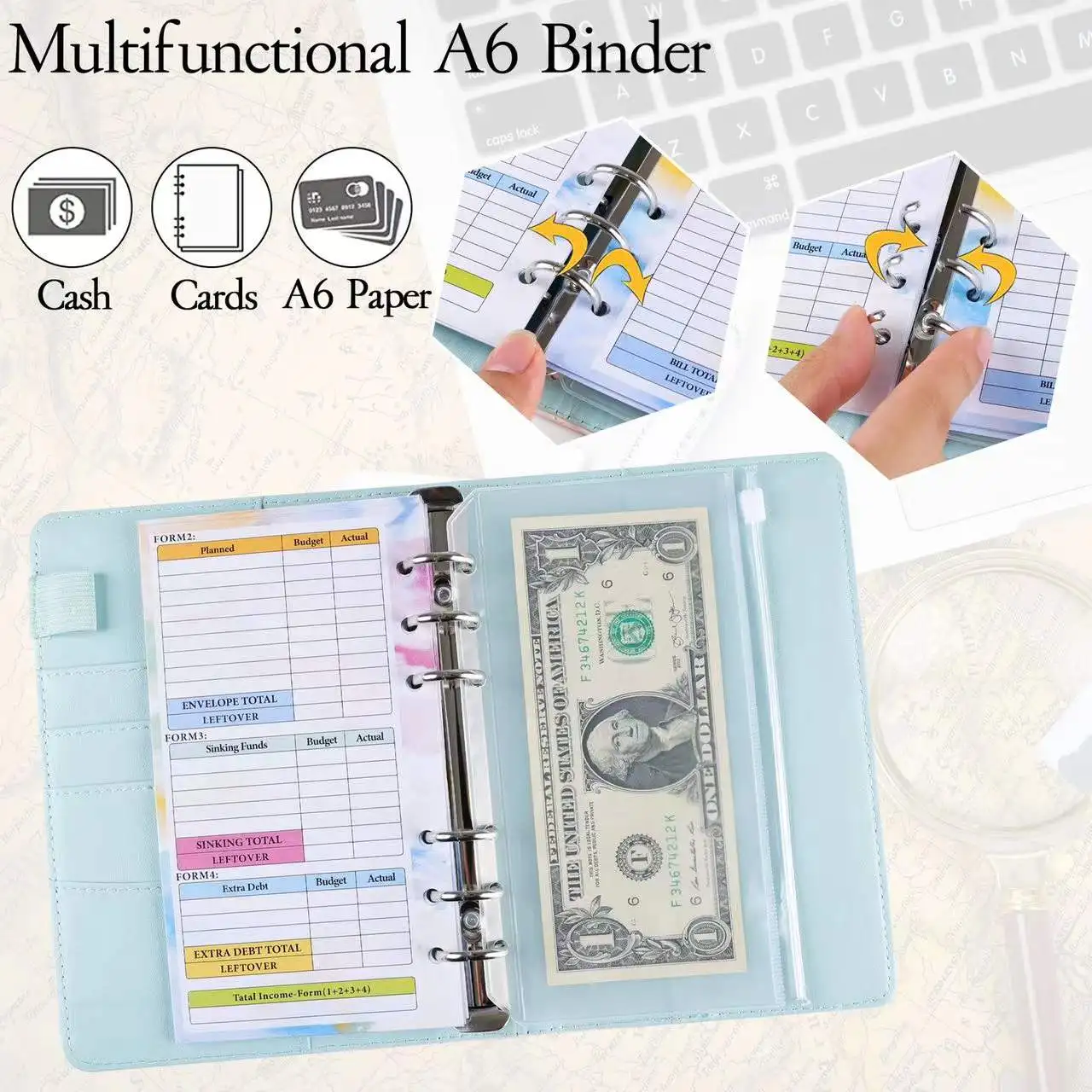 Money budget binder A6 refillable 6 ring notebook planner cover for A6 refill paper cash envelopes system