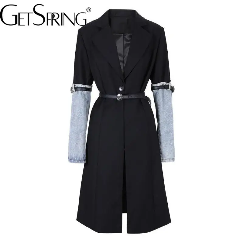 

GetSpring Women Trench Coat 2023 Autumn Temperament Denim Stitched Belt Black Windbreaker Fashion All Match Loose Long Overcoat