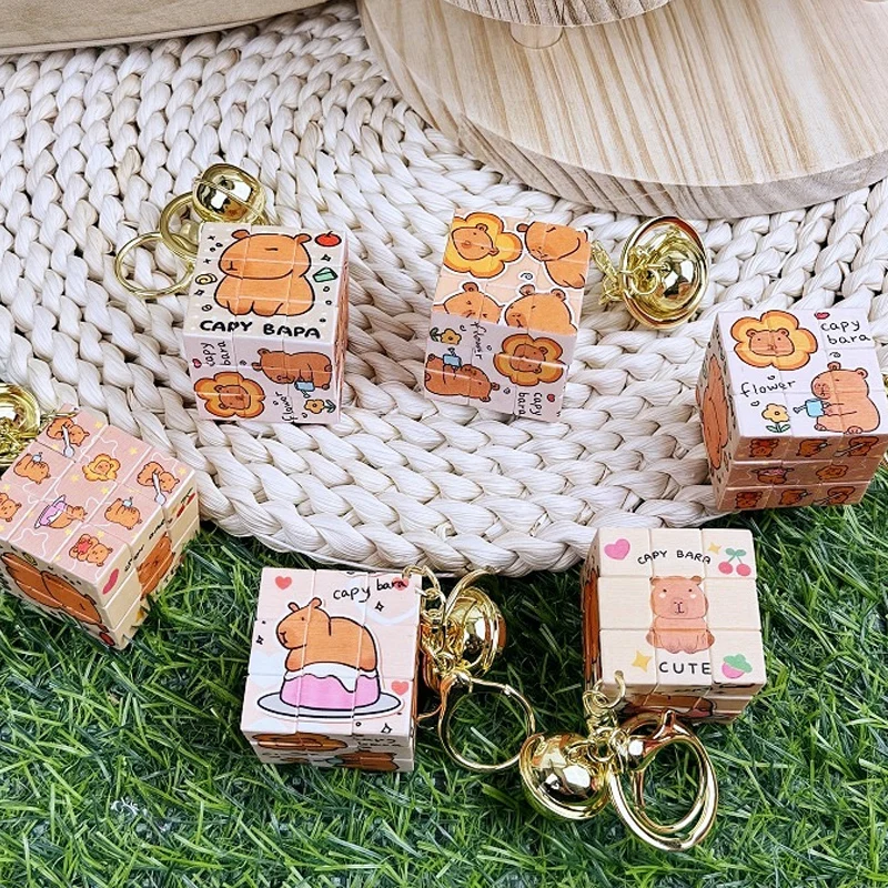 Capybara Rubiks Cube Key Chain New Anime Capibara Rubix Cubes KeyChains Kids Fidget Toys Keys Ring Bags Pendant Decor Kids Gift