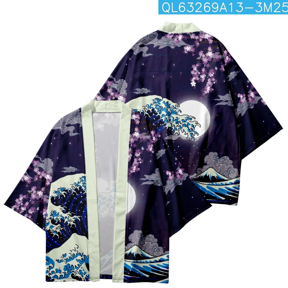Japanese Ukiyo-e Waves Print Cardigan Kimono Beach Women Men Cosplay Haori Yukata Traditional Asian Shirts Clothing