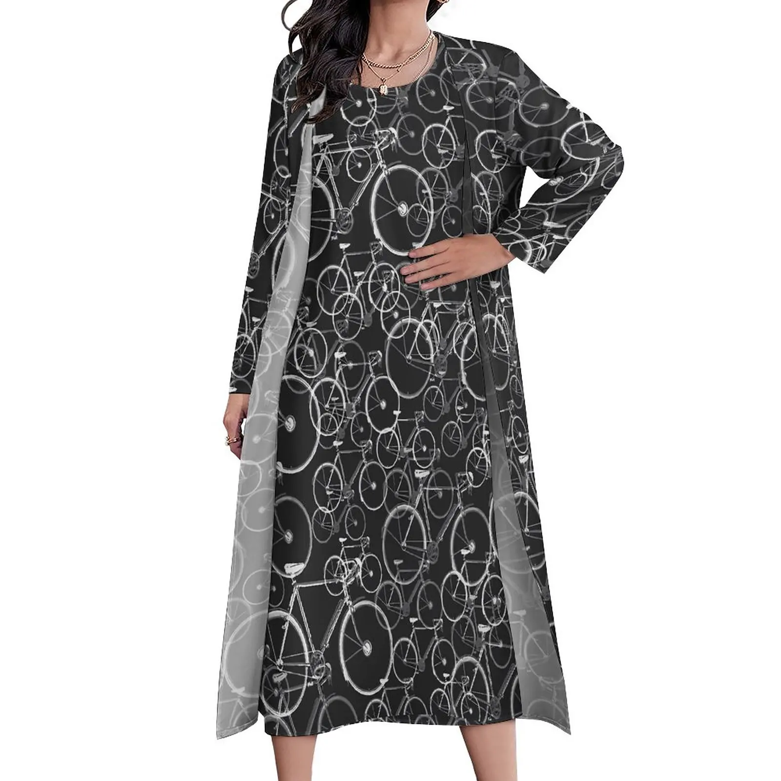 

Black And White Bicycles Dress Two Piece Bikes Print Street Style Casual Long Dresses Women Vintage Maxi Dress Birthday Gift