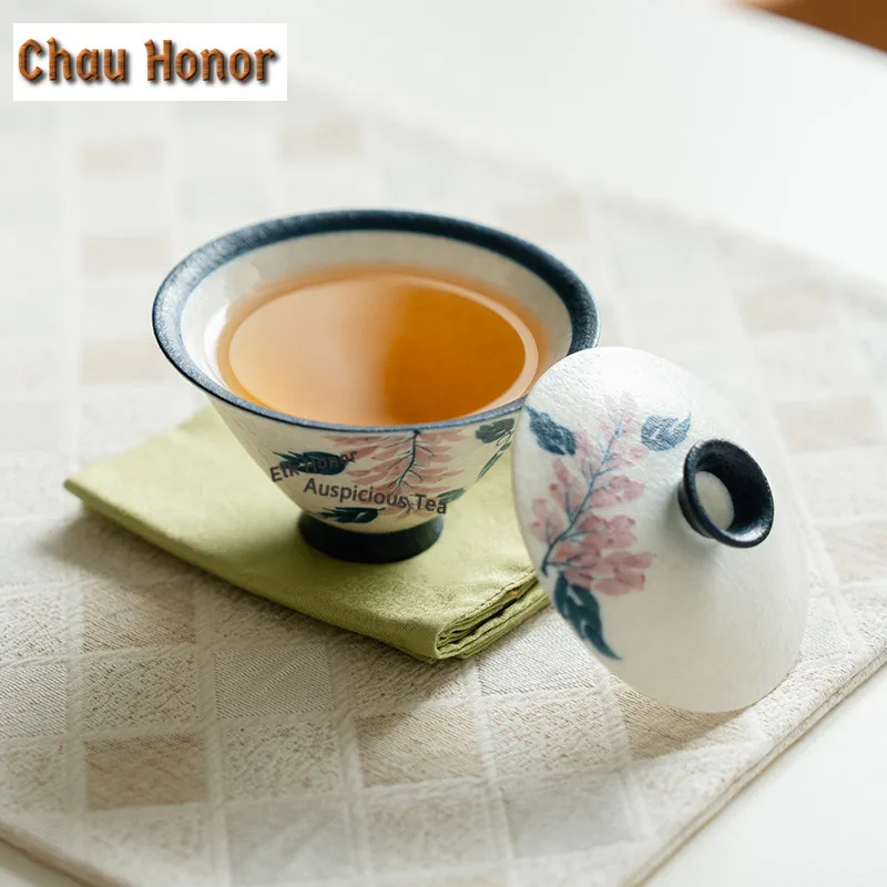 110ml Hand-painted Wisteria Flower Gaiwan Antique Tea Tureen Tea Bowl With Lid Kit Tea Maker Cover Bowl Tea Items Ornaments