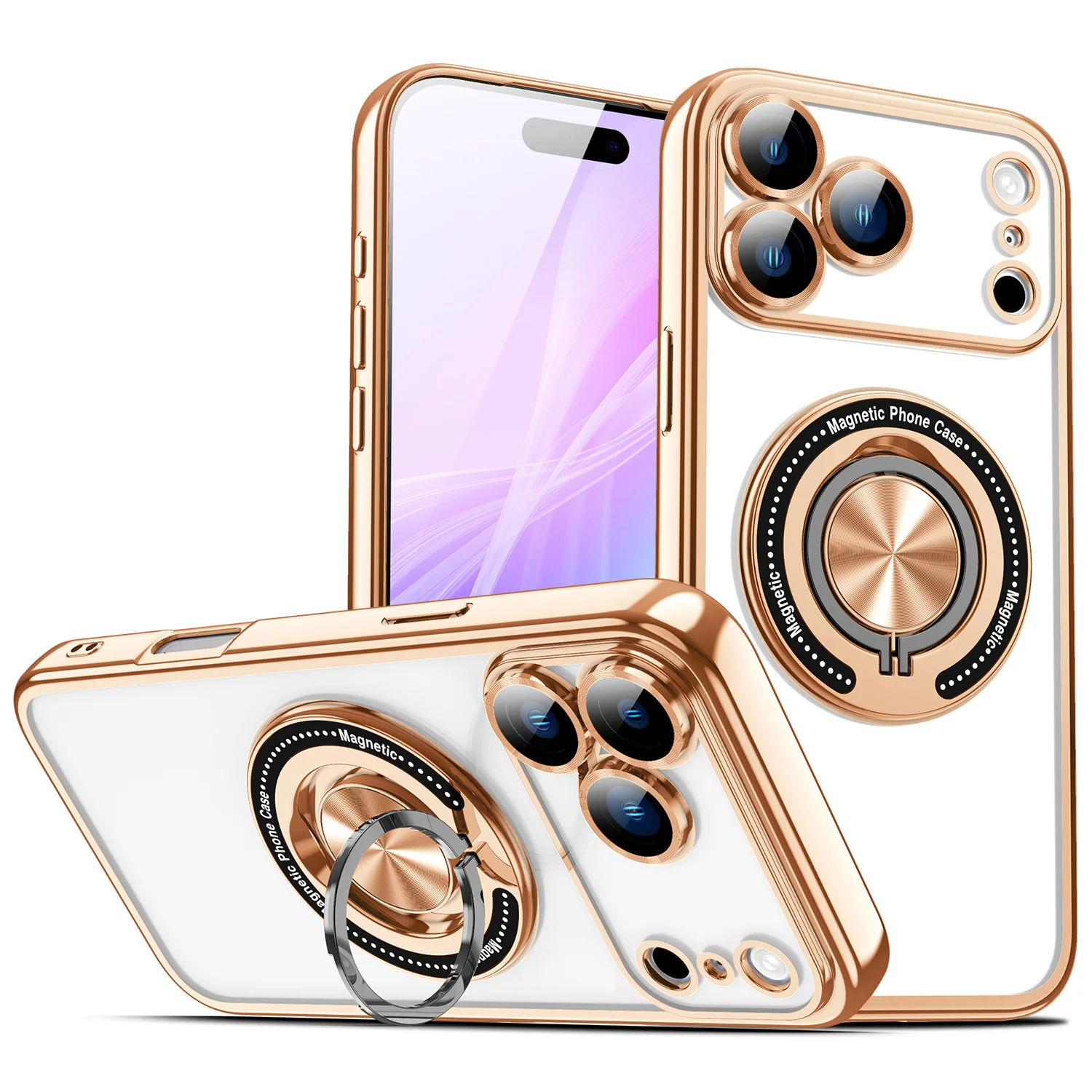 Luxury Magnetic Ring Stand Holder Case with Plating and Clear Design