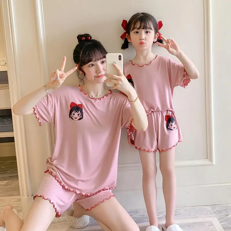 

Modal 2 Pieces Girl Sets 2022 Sweet Style Family Matching Outfits Loose Princess Mother And Daughter Pink Clothing Sets
