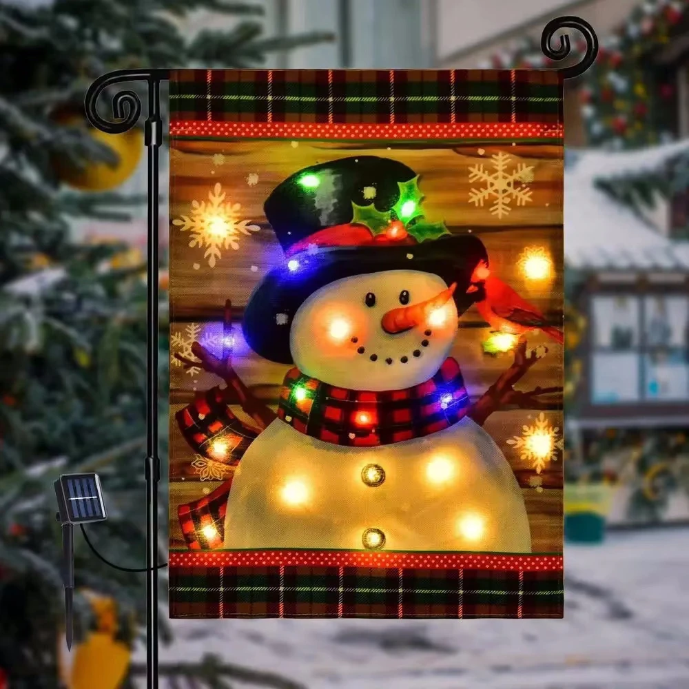 12x18" Double Sided Solar Led Snowman Garden Flag For Outdoor Farmhouse Garden Lawn Christmas Decoration Lighted Yard Flags