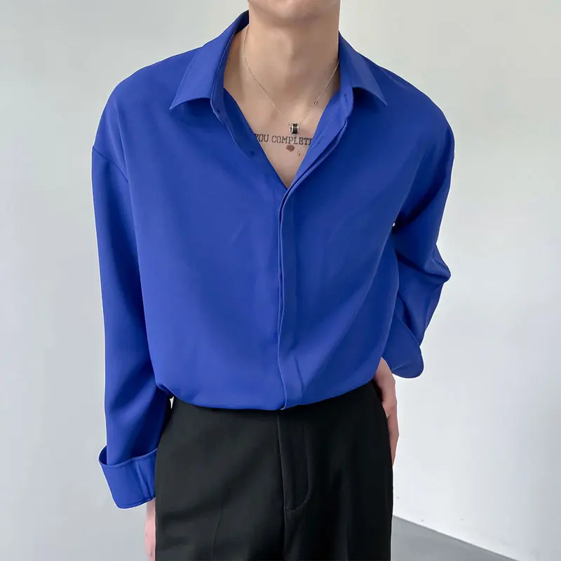 High Sense Grey Draping Feeling Ruffian Handsome Men's Clothing Chiffon Loose Office Commut Long Sleeve Turn Down Collar Shirts
