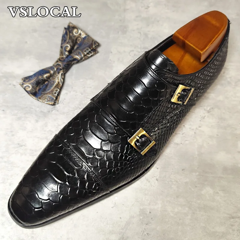 Luxury Men's Loafers Shoes Snake Prints Formal Dress Men Casual Shoes Black Brown Genuine Leather Double Monk Men leather shoes