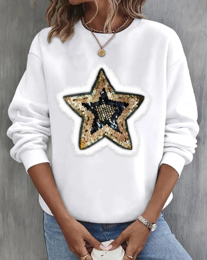 

Sweatshirt for Women 2023 Autumn New Fashion Casual O-Neck Long Sleeve Sequin Star Pattern Fuzzy Detail Pullover Versatile Top