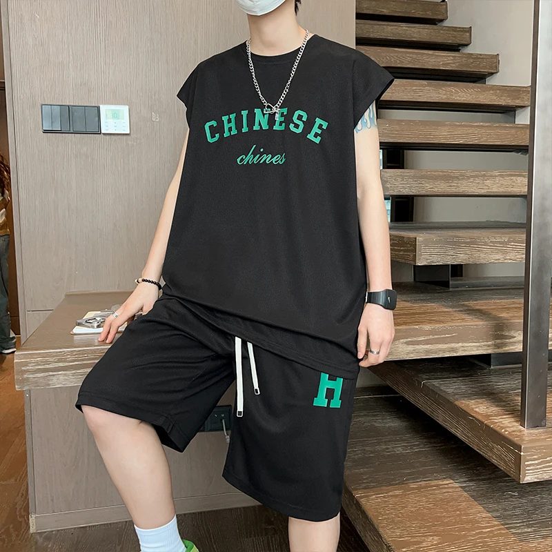 Summer New Loose Men Suits American Street Breathable Sets Casual Sleeveless T-Shirt and Shorts Set Male Sports Suit Tracksuit 3