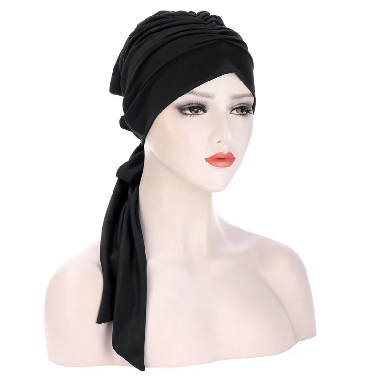 Solid Long Tail Bow Turban Hat Elastic Headwrap Scarf Beanies Hat India African Headband Muslim Hijab Ladies Night Cap 2023 3