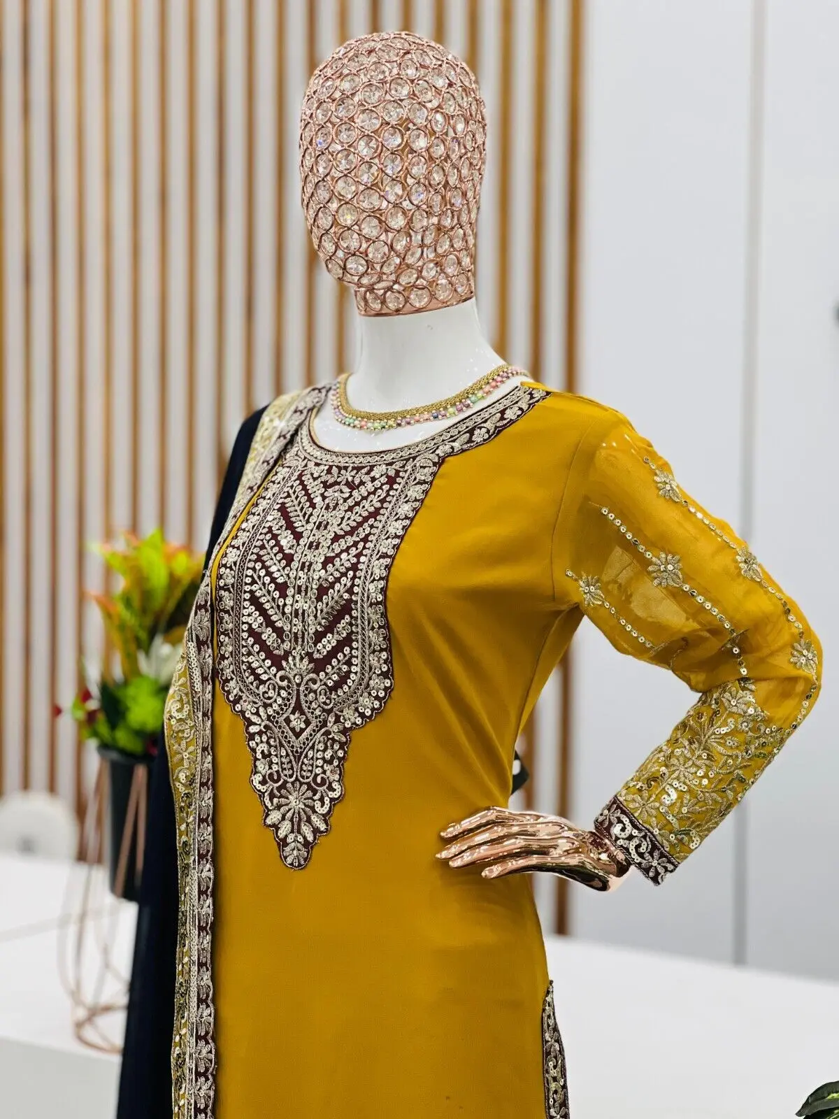 Salwar Kameez Full-Sleeve Round Neck Long Sleeved Sharara Heavy Faux Georgette with Embroidery Indian Ethnic Traditions