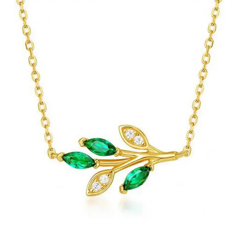 

Natural Zircon Gemstones Necklace S925 Sterling Silver 10k Gold Plated Green Zircon Olive Branch Pendant Necklaces Women Gifts