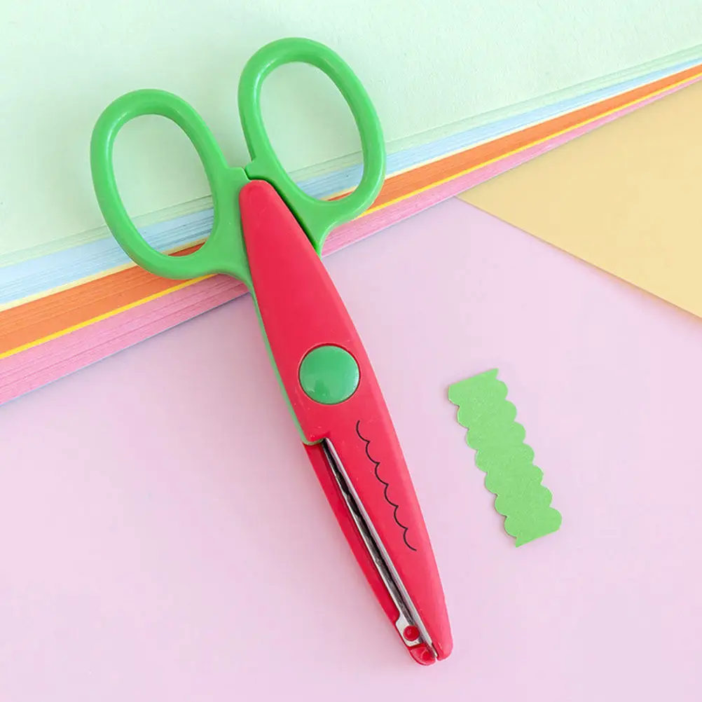 6Pcs 가위 플라스틱 둥근 팁 레이스 패턴 정밀 DIY 공예 종이 가위 편안한 그립 도구