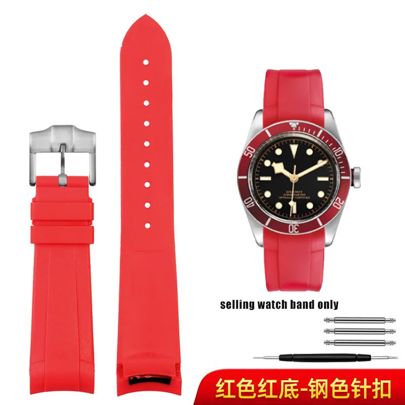 thumbnail image 1 of Correa de reloj de goma con extremo curvado de 22 mm para timón Tudor Biwan, correa de reloj de bronce con flor pequeña de cobre y flor roja, resistente al agua, 1 of 5