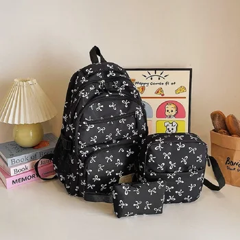 3 Pcs/Set Cute girl Large Capacity Backpack Bow Print Nylon Schoolbag Adjustable Strap Women daily Campus Backpack 1