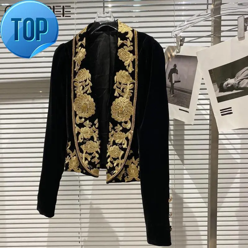 

Floral Embroidery Jackets for Vintage Women 2023 Runway Designers Elegant Black Velvet Blazer Korean Fashion Coats Clothes