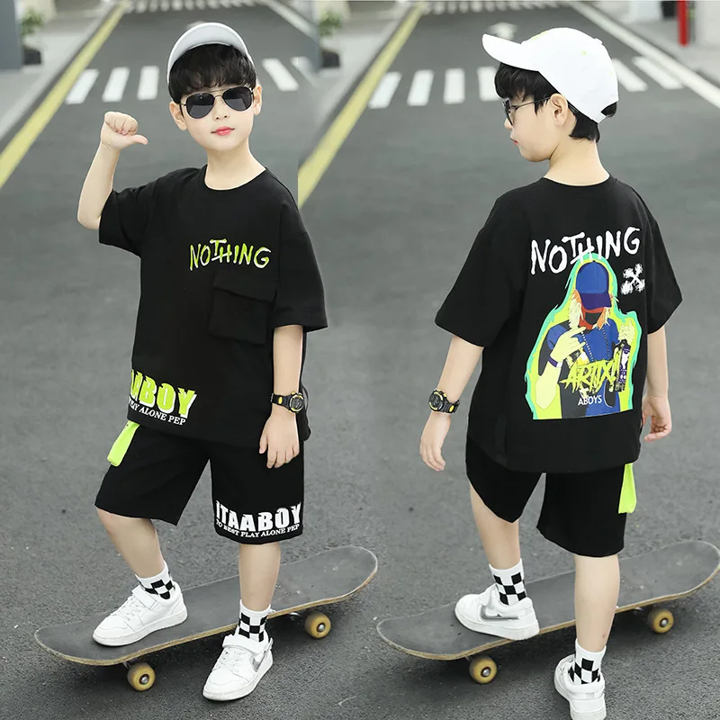 Boys Summer Suit Hip Hop Short Sleeve + Pants 2piece Children