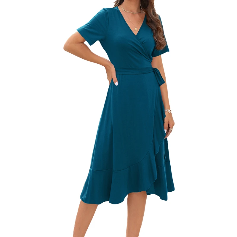 

Elegant Women Summer Dress 2023 Solid Lace Up Ruffle Casual Outfit Female Red V-neck Short Sleeve Fashion Ladies Midi Dress Blue