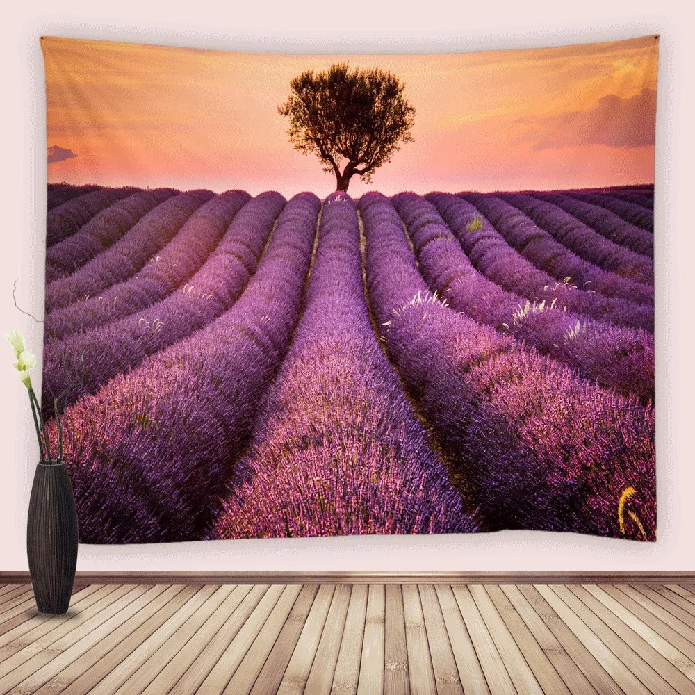 

Lavender Flowers Tapestry Sunset Sky Nature Field Purple Floral Plant Landscape Wall Hanging Tapestries Bedroom Living Room Dorm