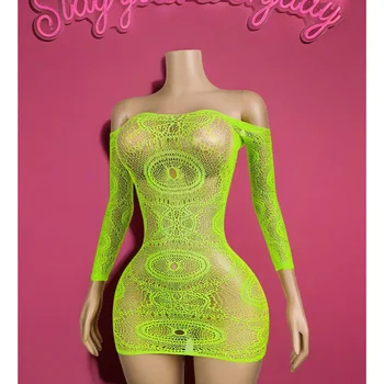 1PC Women Fishnet Cover Up Without Bikini Sexy Lingerie See Through Hollow Out Bodycon Dress Long Sleeve Beachwear Qq568