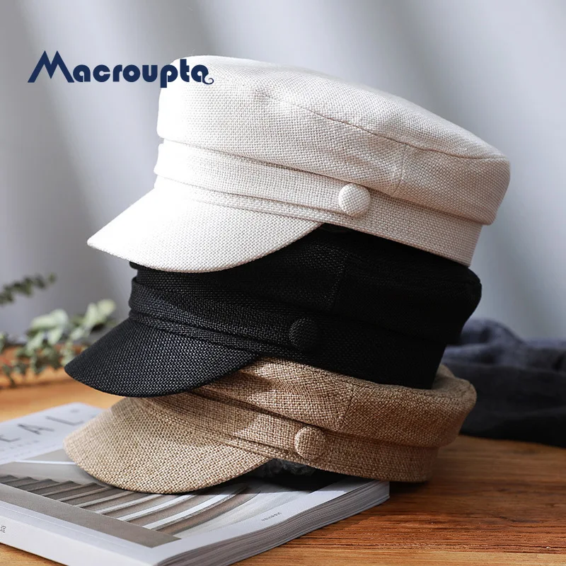 Women Military Hat Flat Cap Spring Autumn Linen Octagonal Solid Color