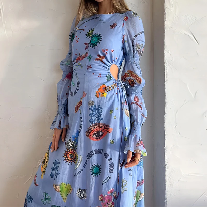 

Retro Abstract Print Boho Long Dress Women Spring Crew Neck A-Line Office Lady Dress Autumn Puff Long Sleeve Hollow Party Dress