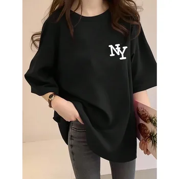 Women's Black New York NY Letter Printed Loose Round Neck Short Sleeve T-shirt Casual Fashion Cotton Women's Trendy T-shirt 1