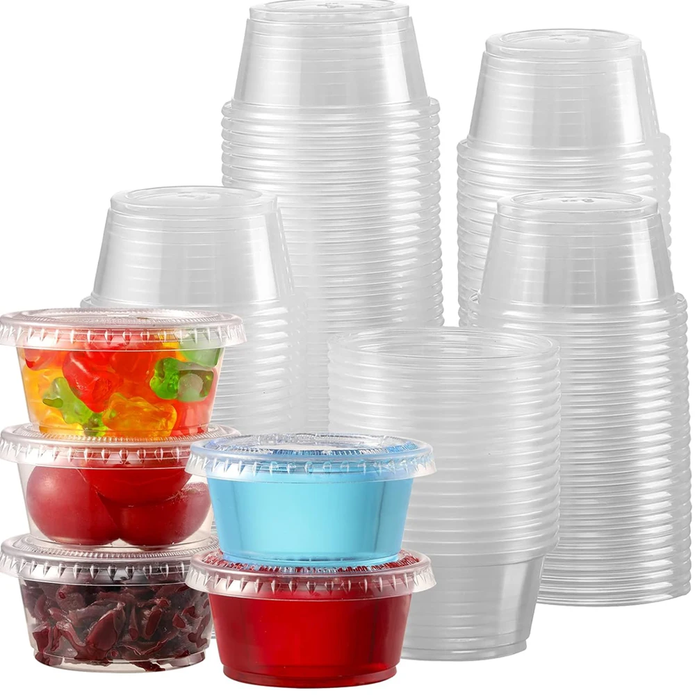 2OZ Jello Shot Cups, Small Plastic Containers with Lids, Airtight and Stackable Portion Cups, Salad Dressing Dipping Sauce Cups
