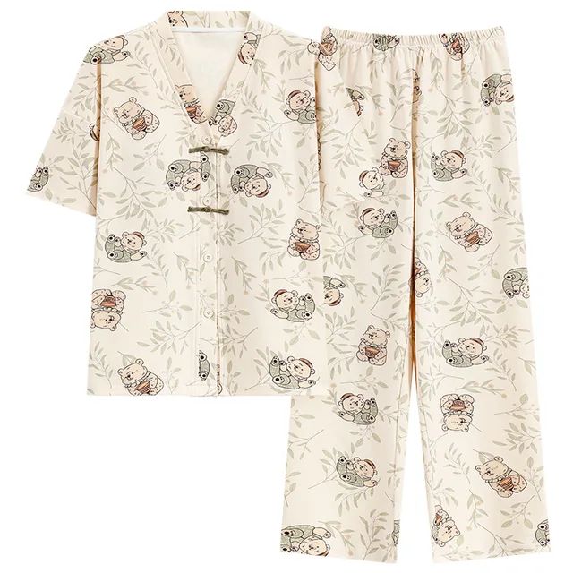 بيجامة قطنية للنساء ملابس نوم بيجامة كبيرة الحجم ملابس نوم صيفية نسائية بأكمام قصيرة طقم بيجامة