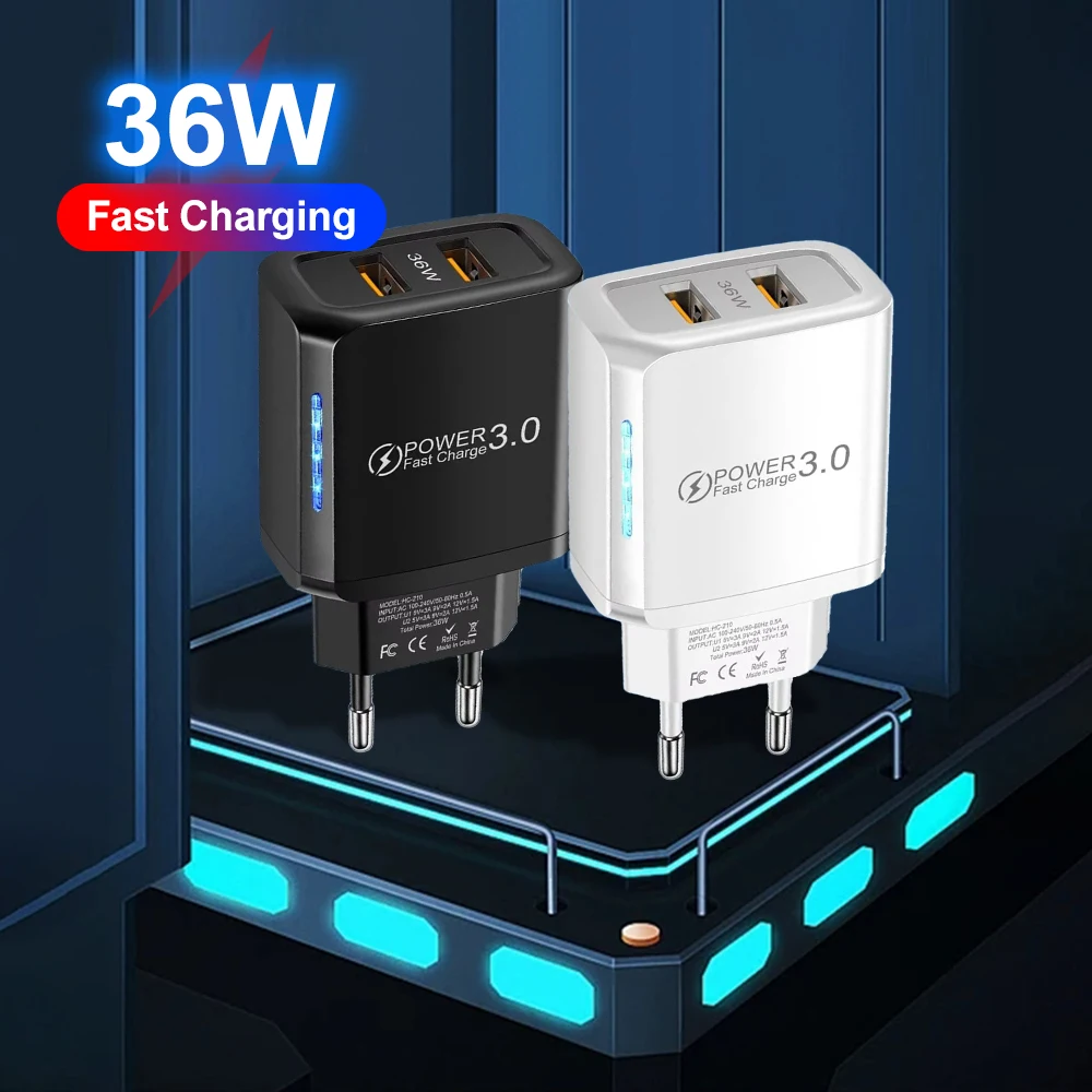 Dual USB 36W Fast Charging Wall Adapter with Quick Charge 3.0 Technology