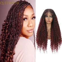 

Red Bohemian Box Braided Lace Front Wig with Curly End Ombre Brown Synthetic Cornrow Braid Lace Wig for Black Women Perruque Bug