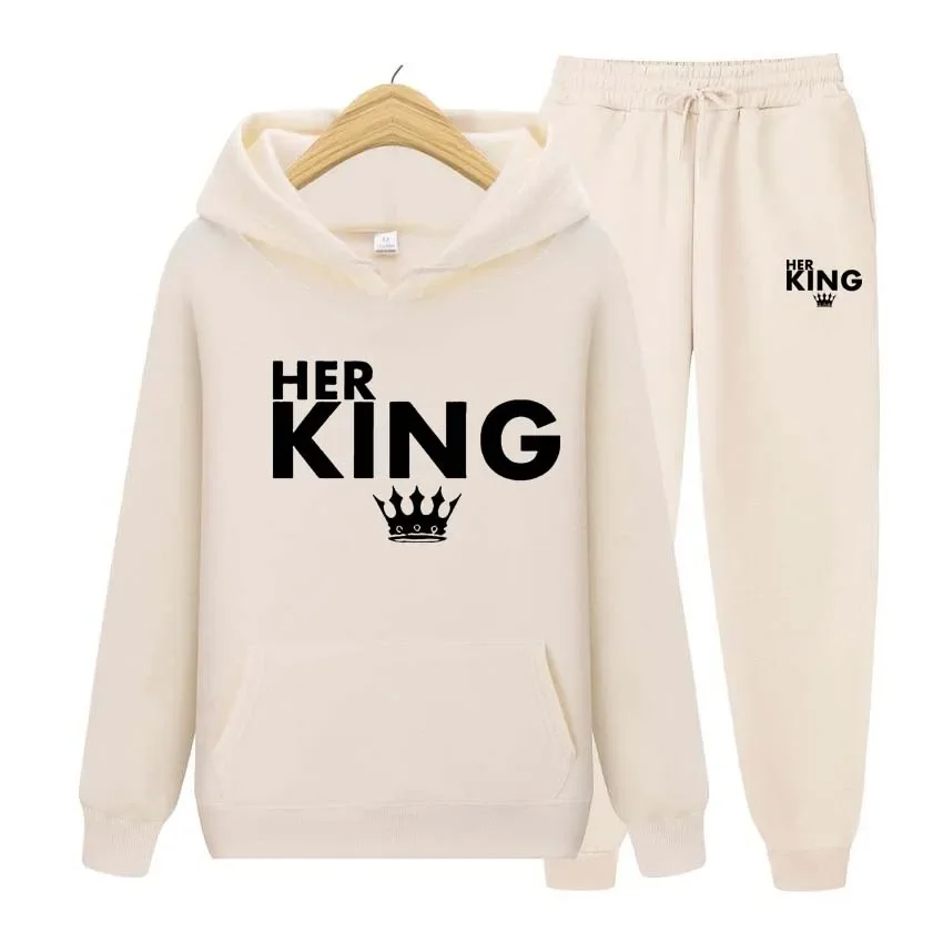 

Autumn Winter Hoodies+Pants Two Piece Set Her King Printing Men Womens Hoodies Tracksuits Jogger Pants thick Warm Clothes Men