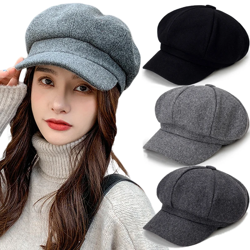 

Women‘s Vintage Brim Beret Hat French Artist Warm Felt Hats Beret Solid Octagonal Hats Autumn Girl Wool Cap