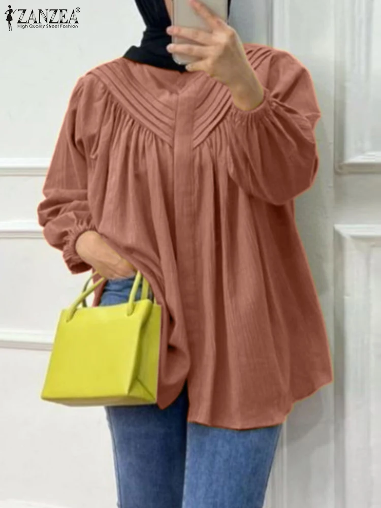 

2023 ZANZEA Autumn Shirt Women Long Sleeve Solid Muslim Tops Fashion Casual Pleated Blouse Vintage Loose Dubai Turkey Blusas