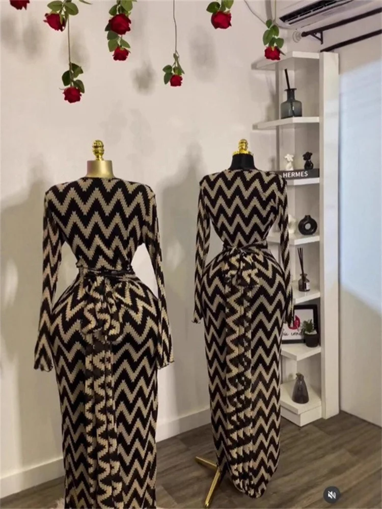 Wmstar Dresses Women Wholesale Long Sleeve Bodycon Fashion Long Sleeved Dress with A Slanted Collar Wavy Printed Belt Clothes